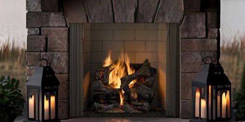 Cozy stone fireplace with glowing lanterns and a crackling fire, perfect for a relaxing evening by the lake.