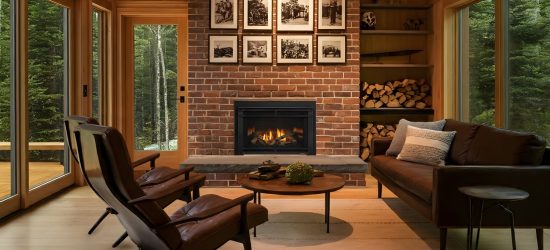 Cozy cabin interior with fireplace, leather seating, and large windows overlooking a forested view.