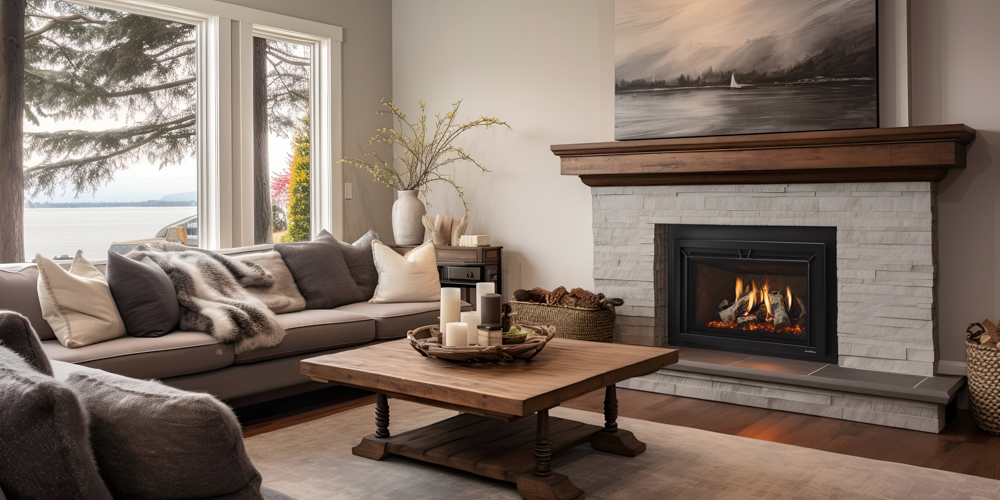 Cozy living room with fireplace, wooden table, gray sofa, large windows overlooking lake view, and coastal decor.