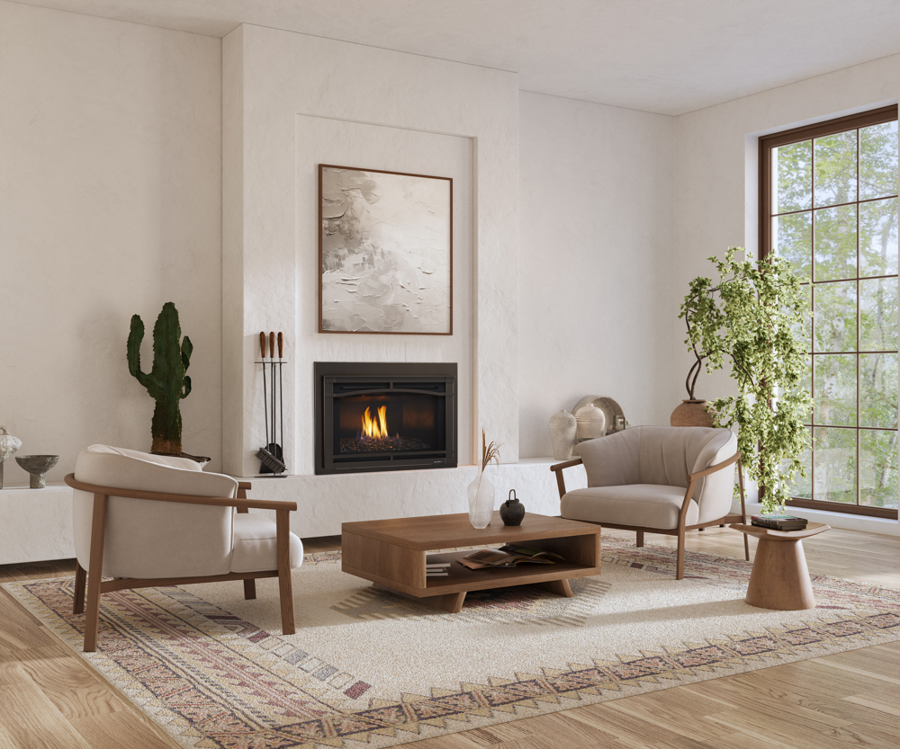 Modern living room with fireplace, cozy chairs, wooden table, and plants.