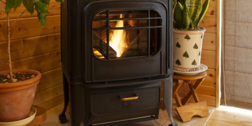 Cozy wood-burning stove in wooden living room corner with plants.